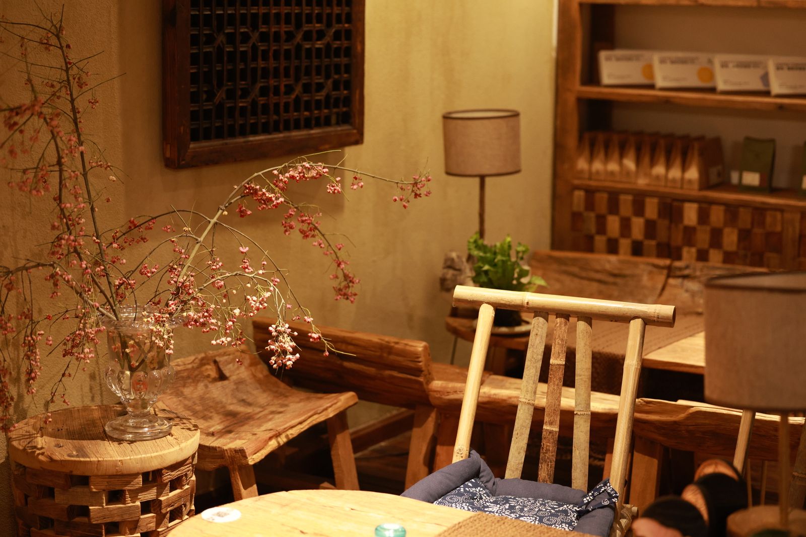 A cozy cafe interior in golden light